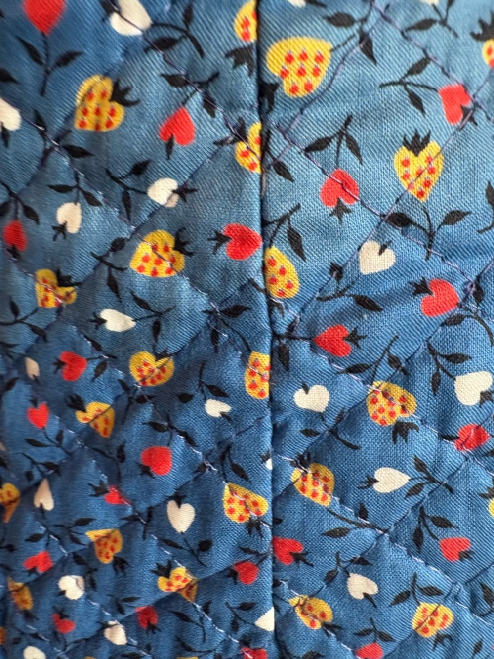 Vintage 50s Blue Floral Quilted Fit-and-Flare Dress with Strawberries and Hearts - Picture 8 of 11